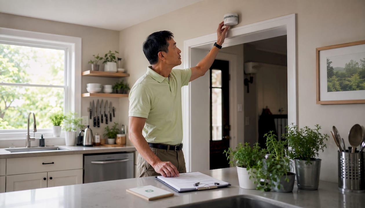 Hands inspecting home fire safety devices