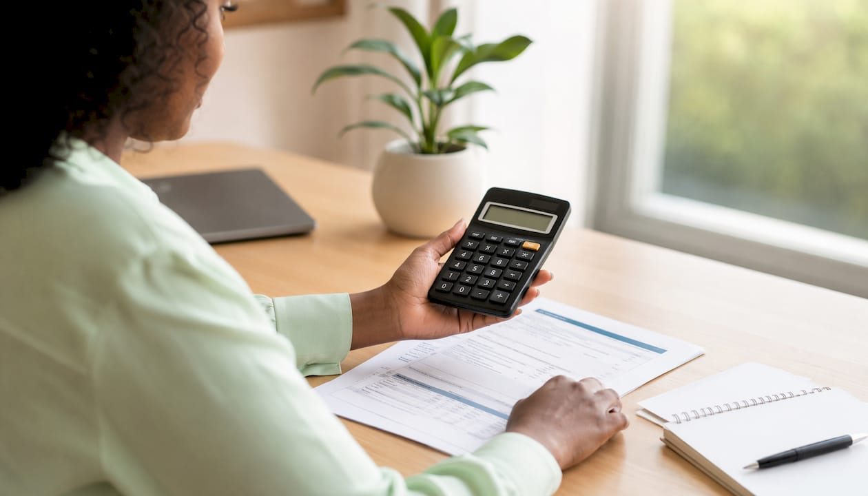 Hand calculating homeowners insurance versus warranty costs