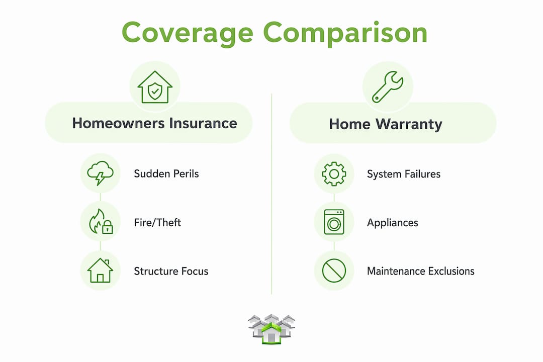 Infographic comparing home warranty and homeowners insurance coverage