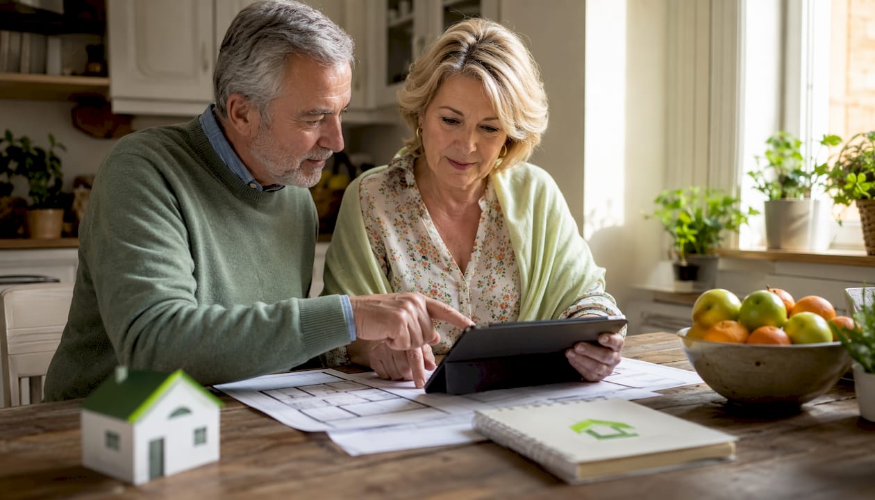 Senior couple reviewing home plans together