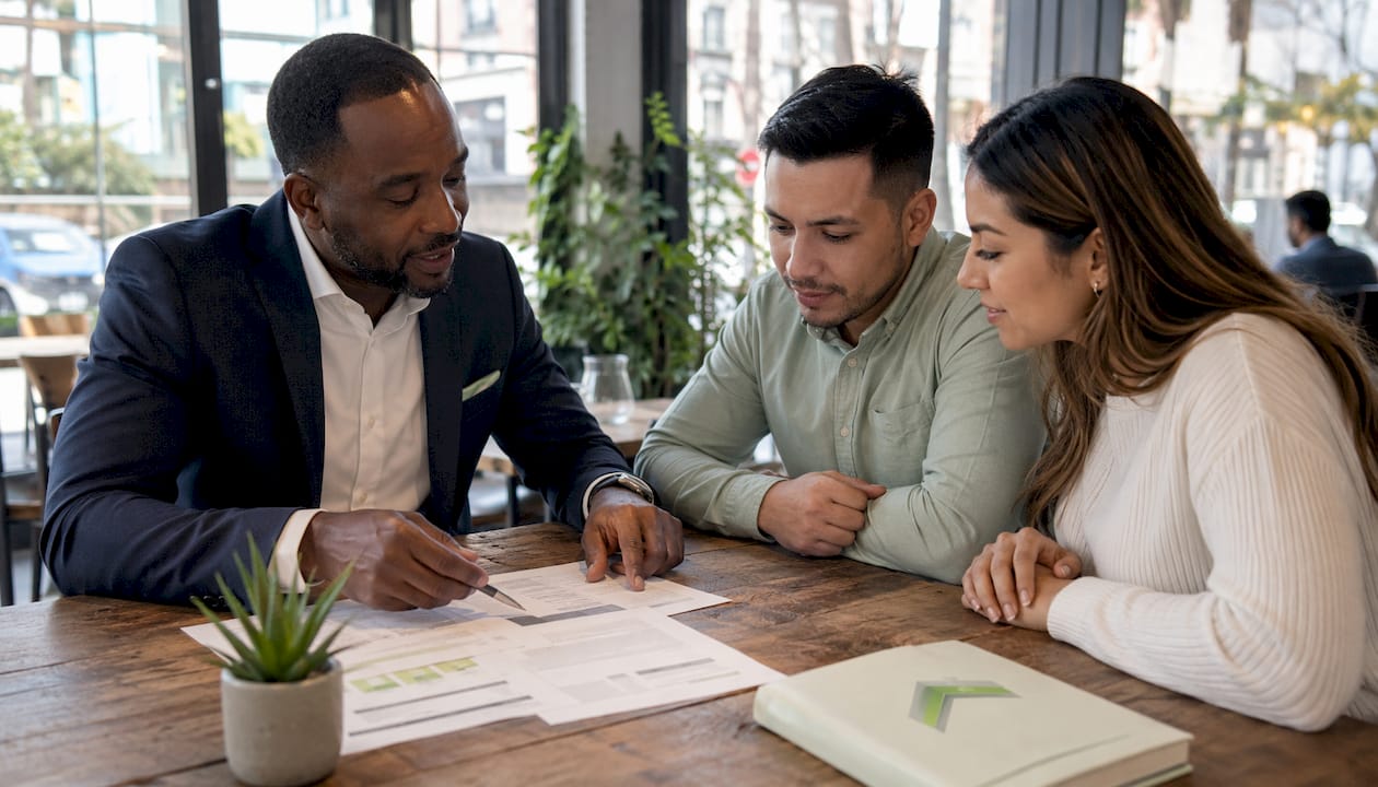 Mortgage advisor consulting young couple in office