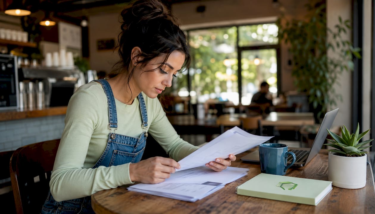 First-time buyer reviewing mortgage papers at kitchen table
