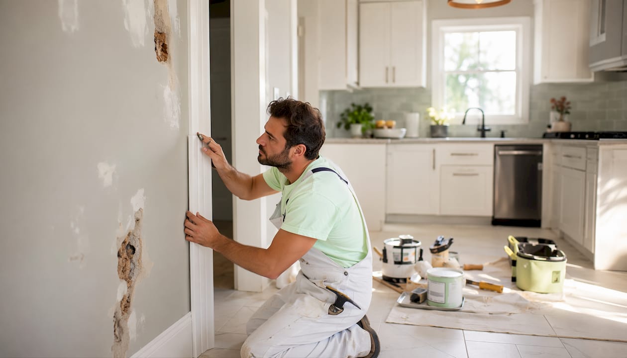 Hands installing new door trim after termite repair