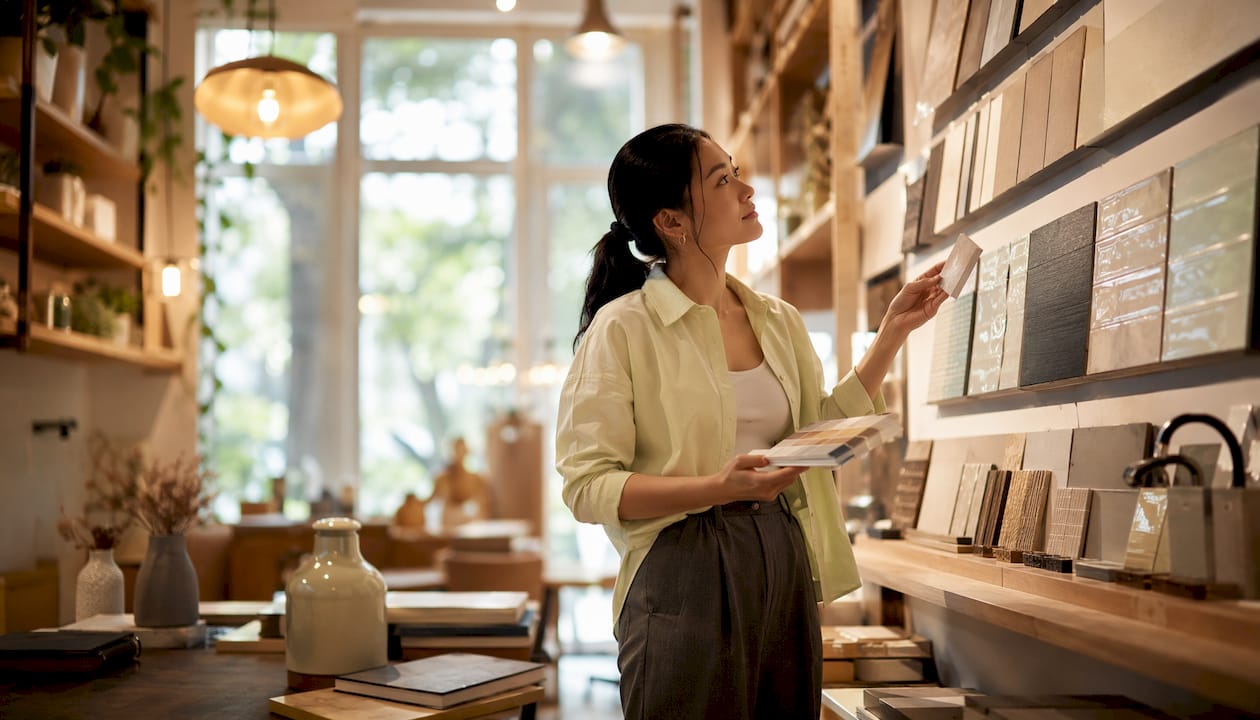 Buyer selecting home finishes in design center