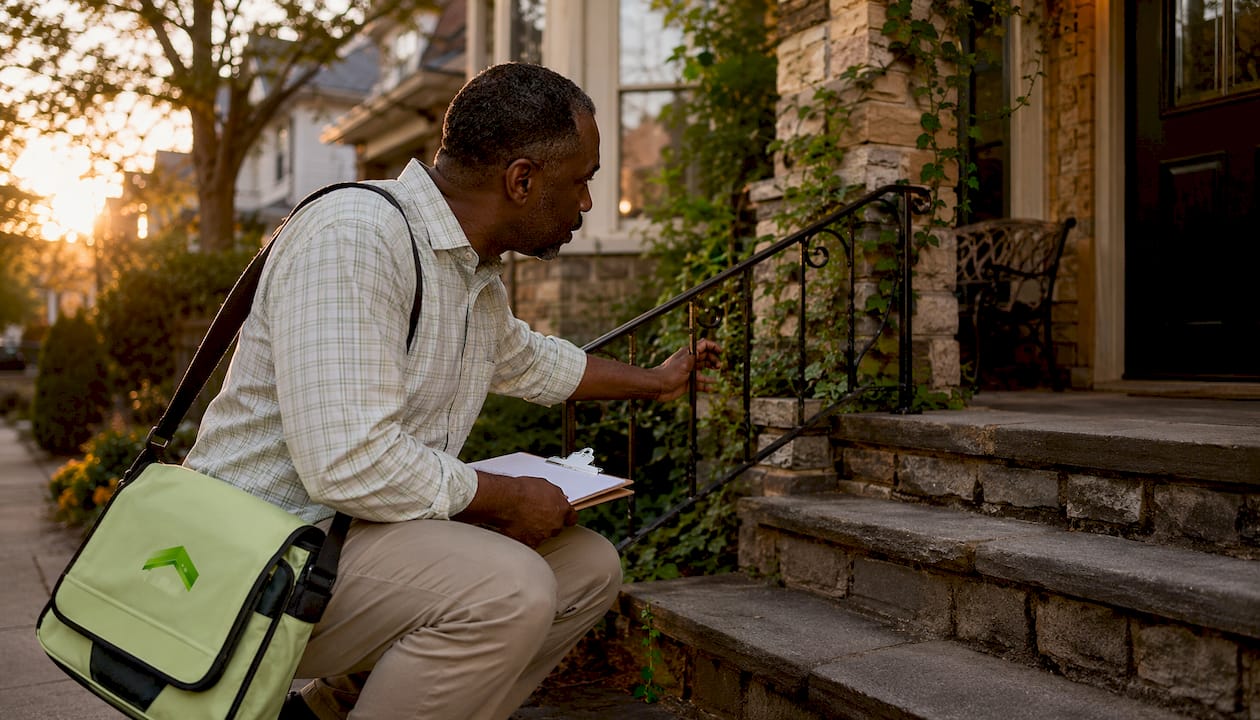 Buyer inspecting resale home exterior