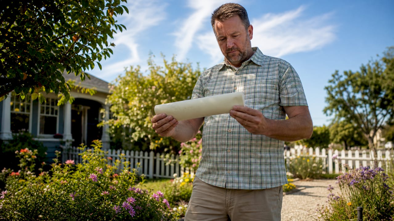 Homeowner examining sewer lateral certificate outdoors