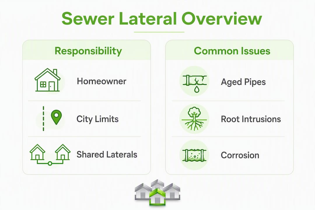 Infographic showing sewer lateral responsibilities and common issues