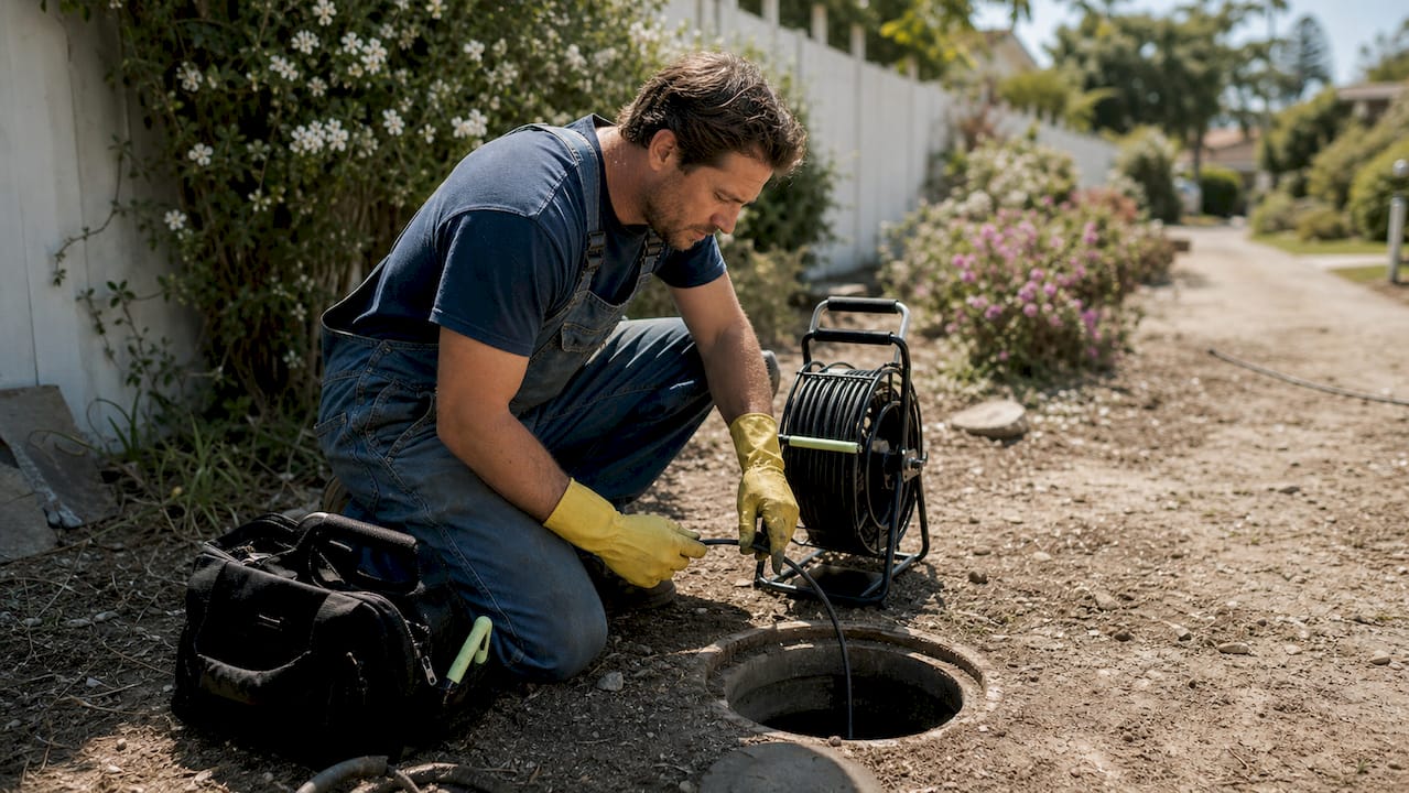 Plumber conducting sewer lateral camera inspection