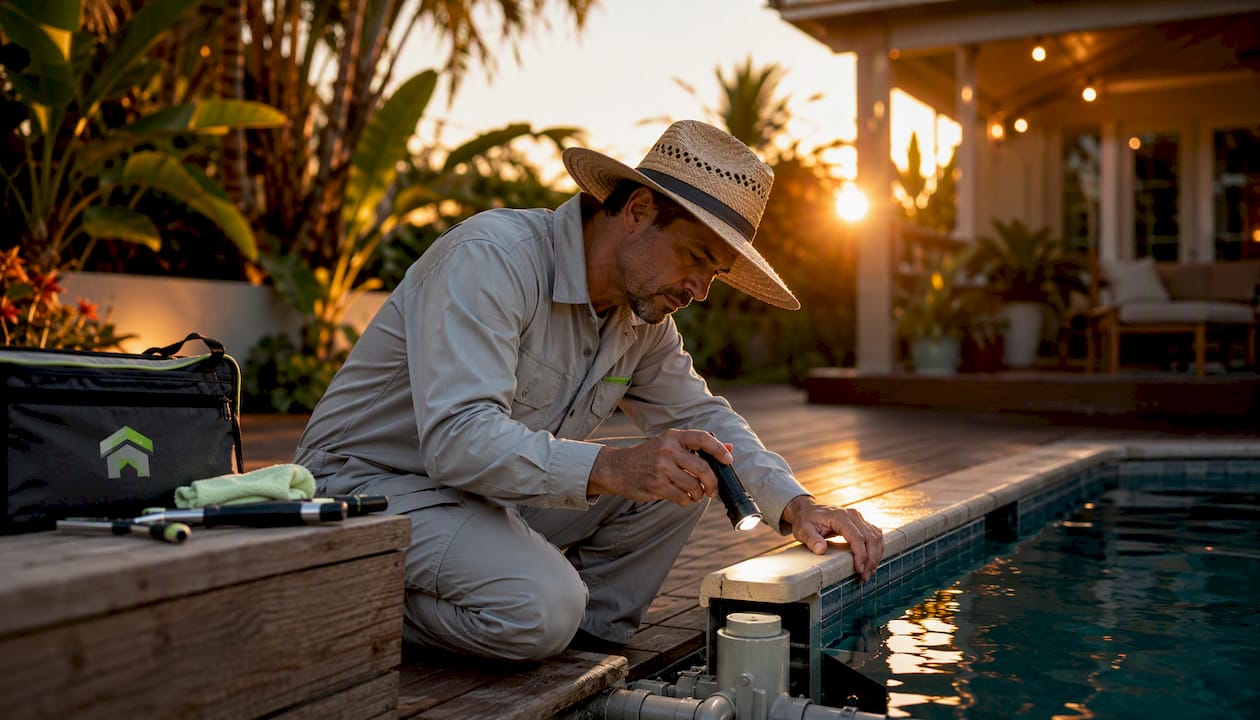 Home inspector examining pool edge in backyard