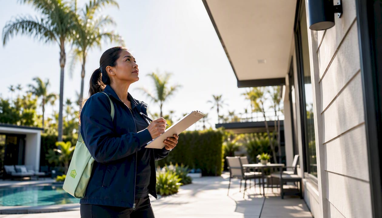 Female inspector inspecting house exterior with clipboard