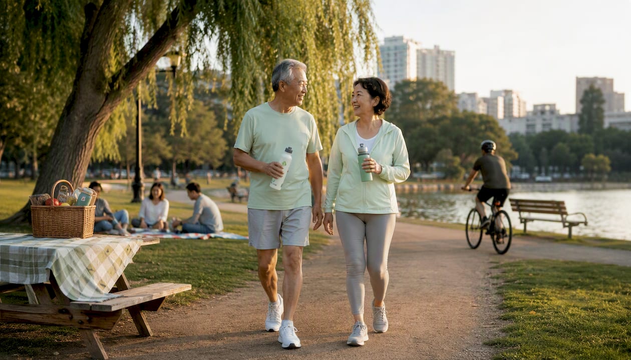 Couple walking Lake Merritt park path