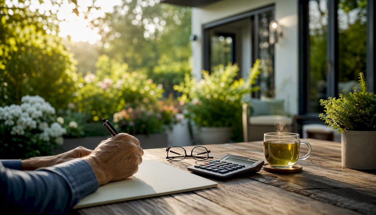 Table with calculator and documents for closing costs