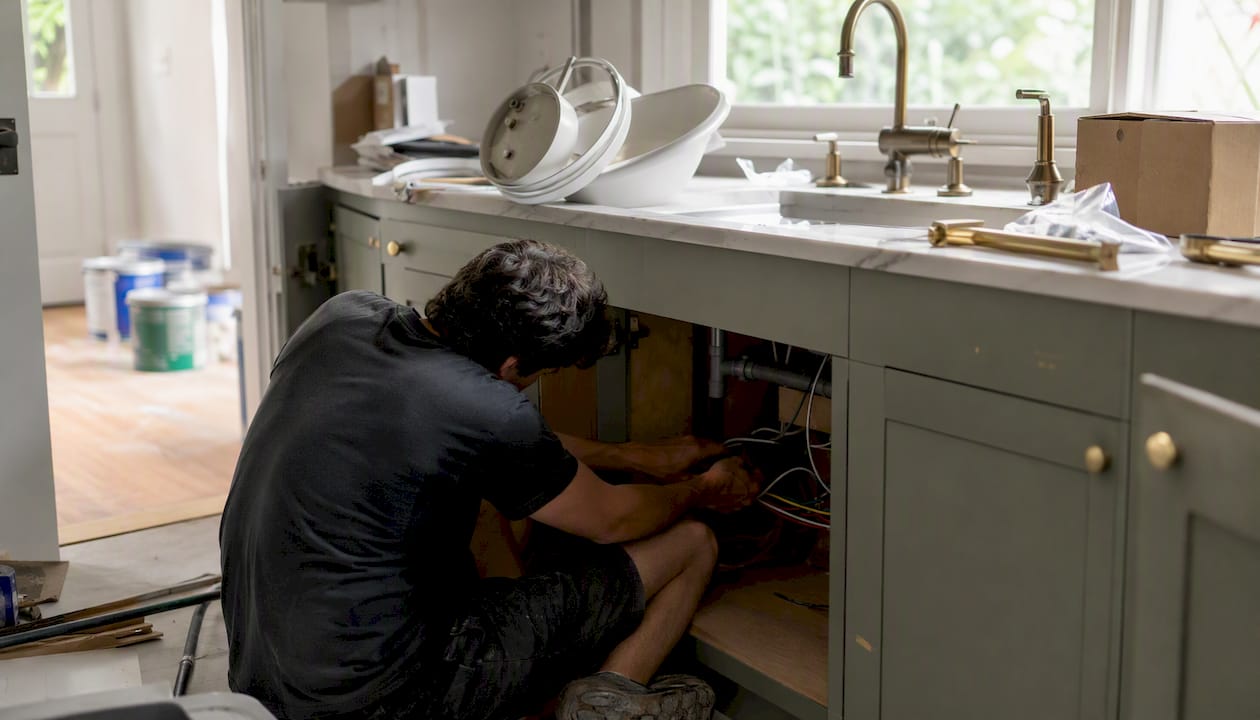 Hands installing electrical wiring during kitchen renovation