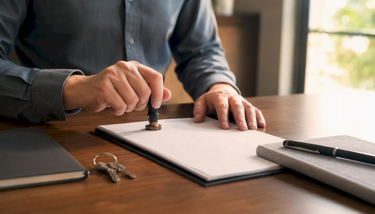 Hands stamping escrow documents in office