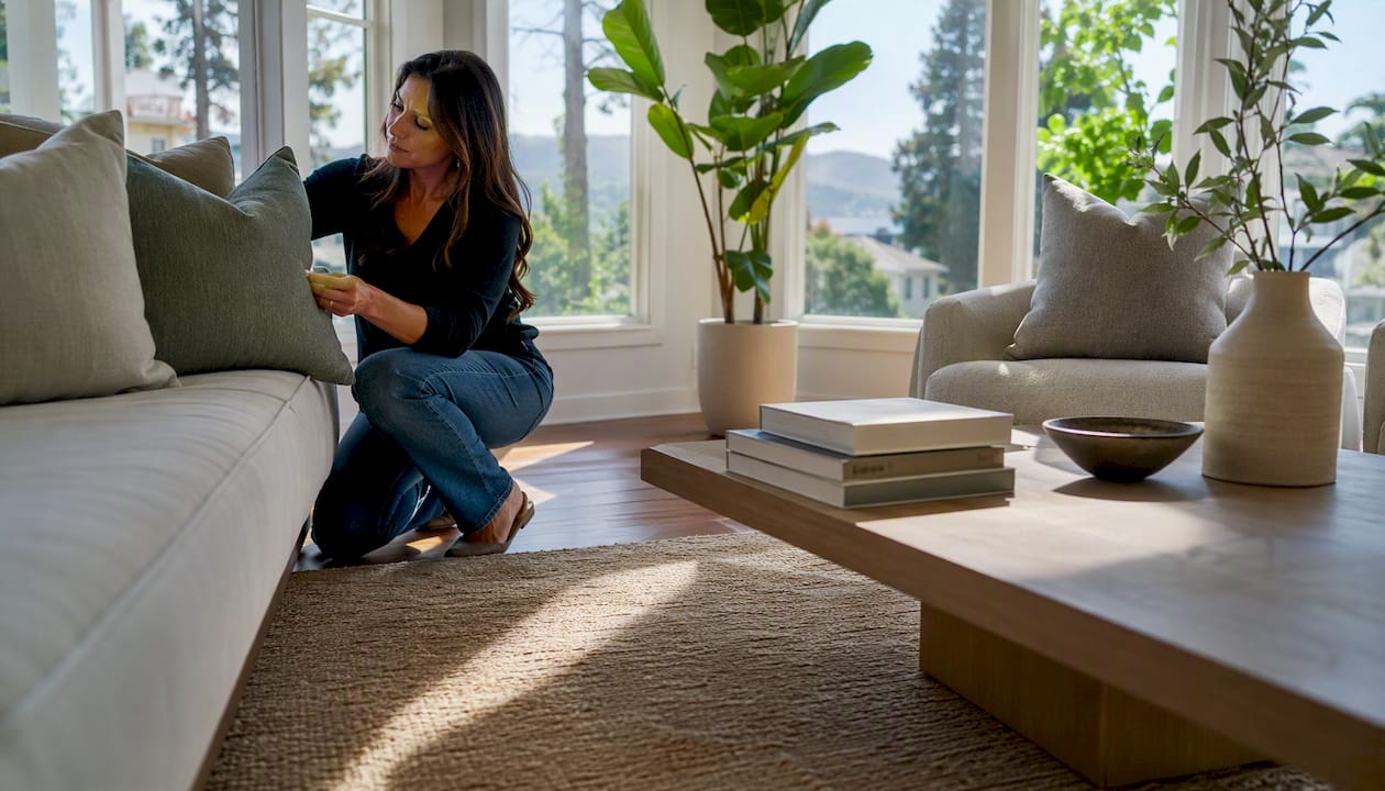 Home stager arranging furniture in living room
