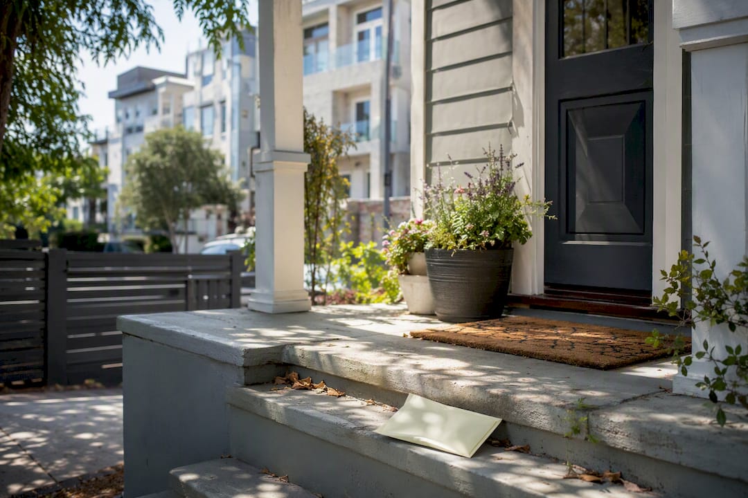 California home with escrow envelope on doorstep