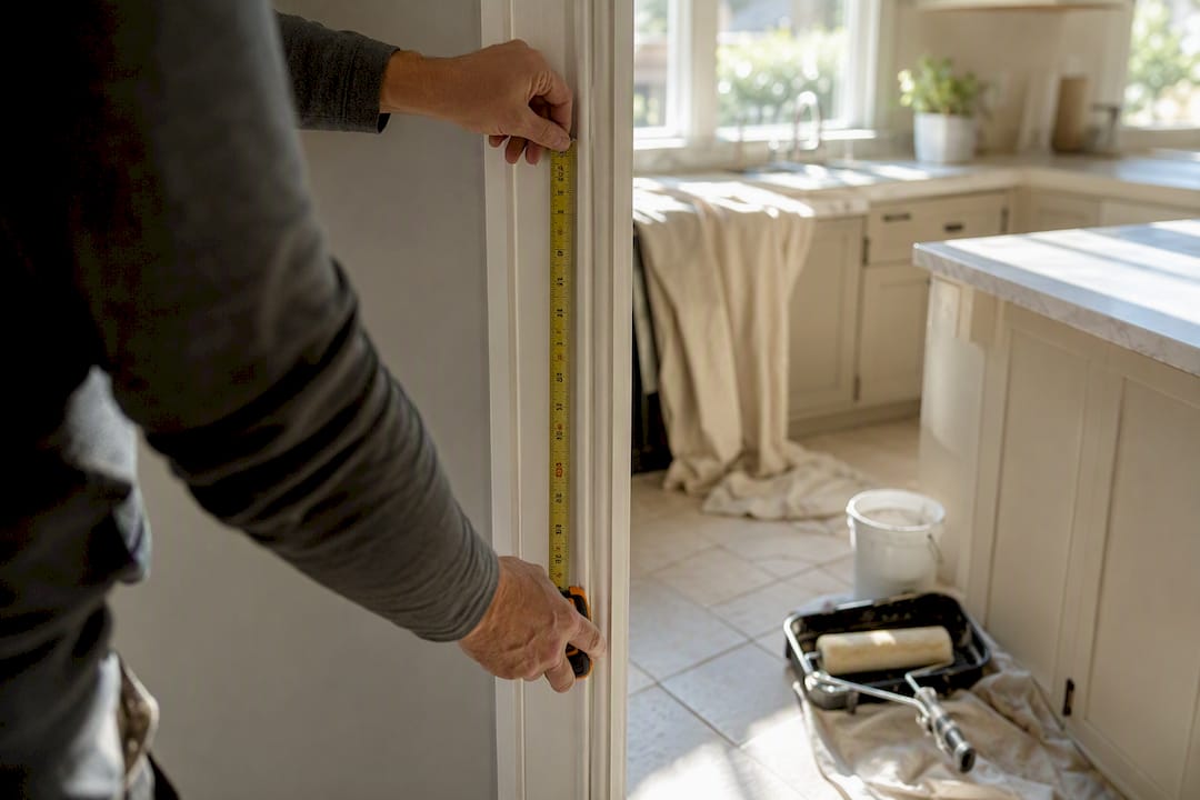 Hands measuring door frame at home interior