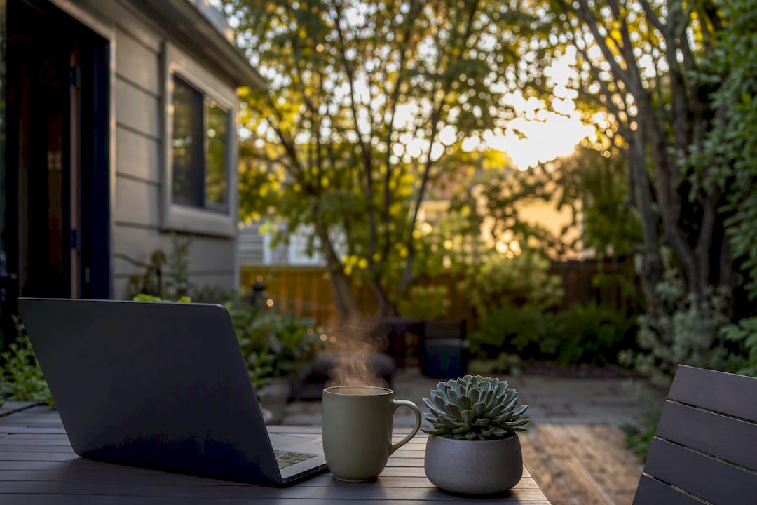 Suburban home patio with remote work setup