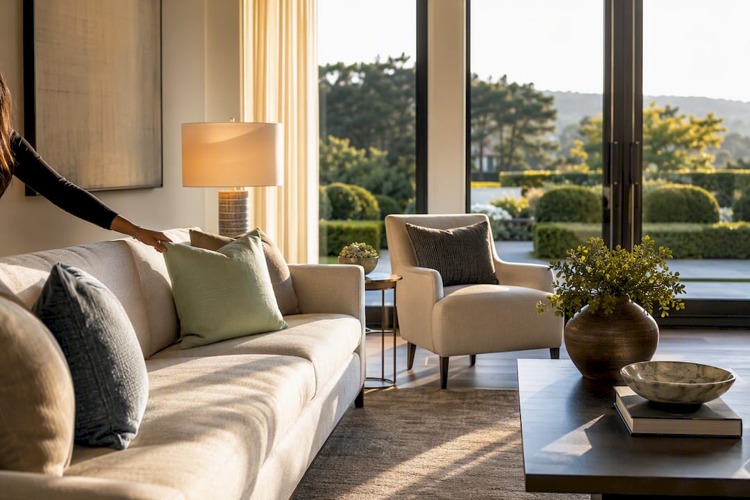 Neutral staged luxury living room