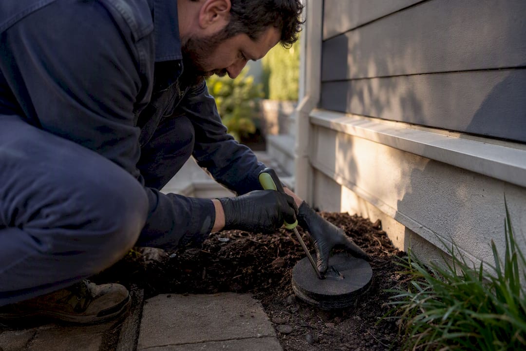 Technician inspecting residential sewer cleanout
