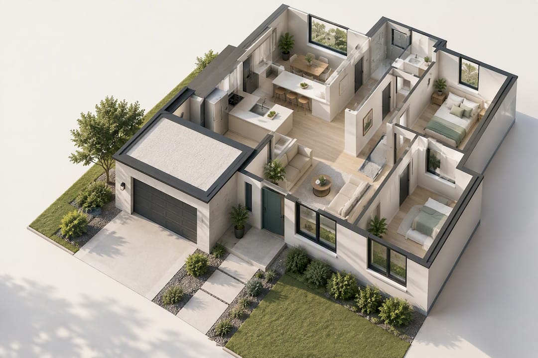 Illustrated exterior-to-interior walkthrough sequence